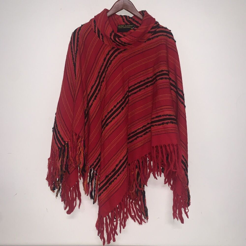Vintage Arolan Kutomo Finland Red/Black Wool Cowl Poncho Hippie Festival Boho